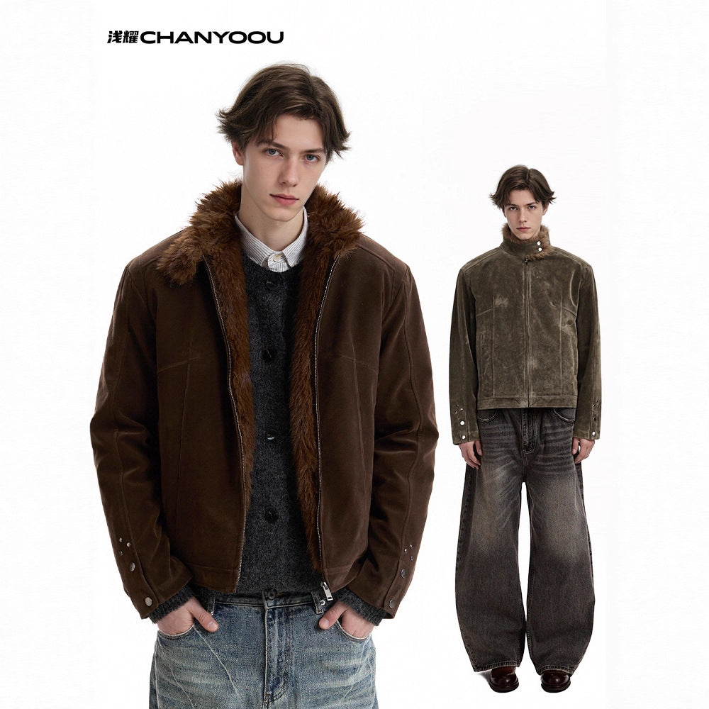 CHANYOOU Retro Suede Stand-up Collar Fleece Short Jacket