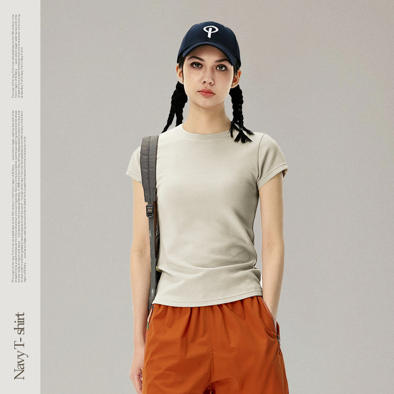 INF 270G Elastic Skinny Navy Heavy Women Slim Short Tee