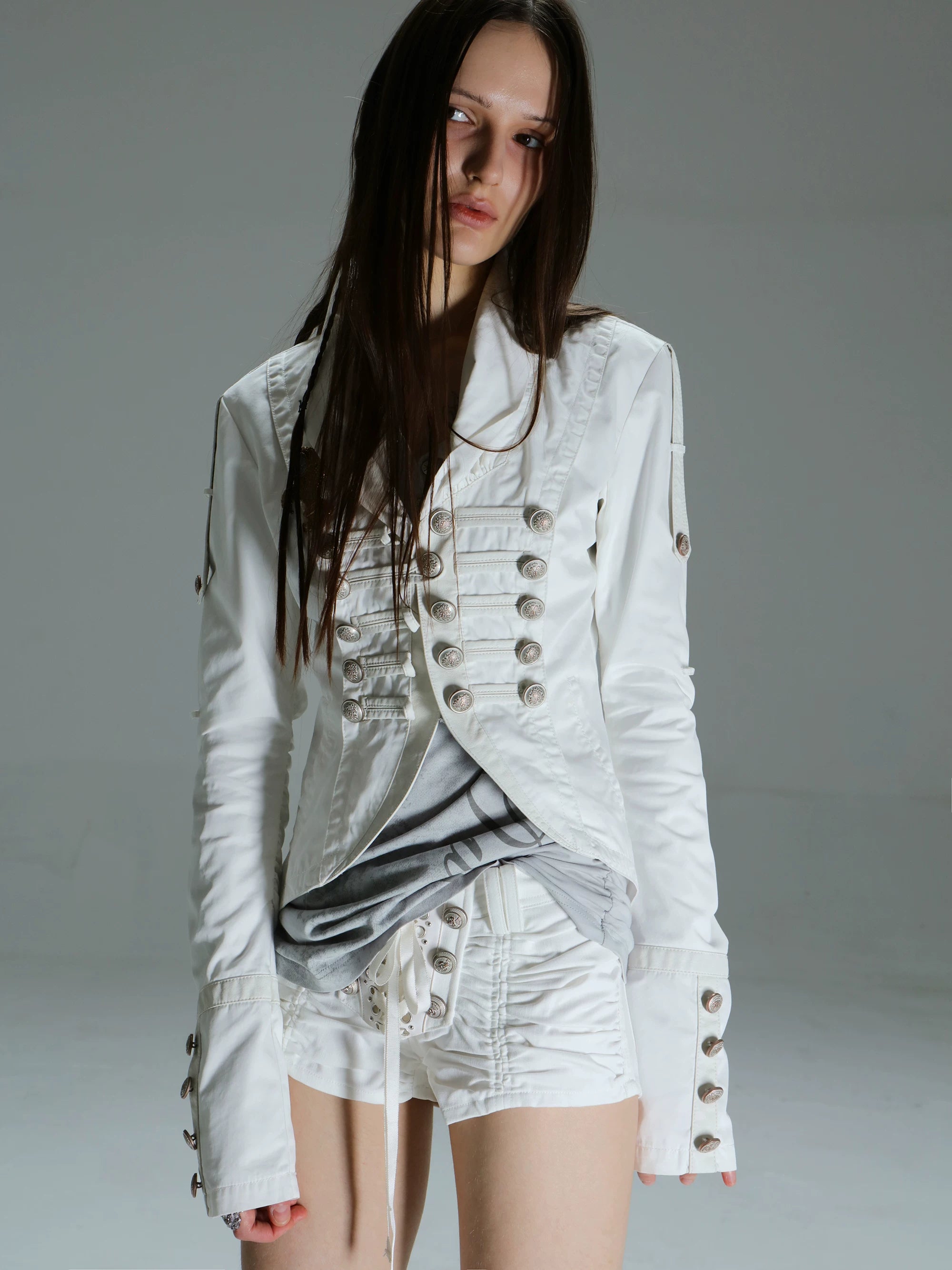 DoublePunch Knight-Style Patchwork Leather Washed Cotton Cropped Jacket