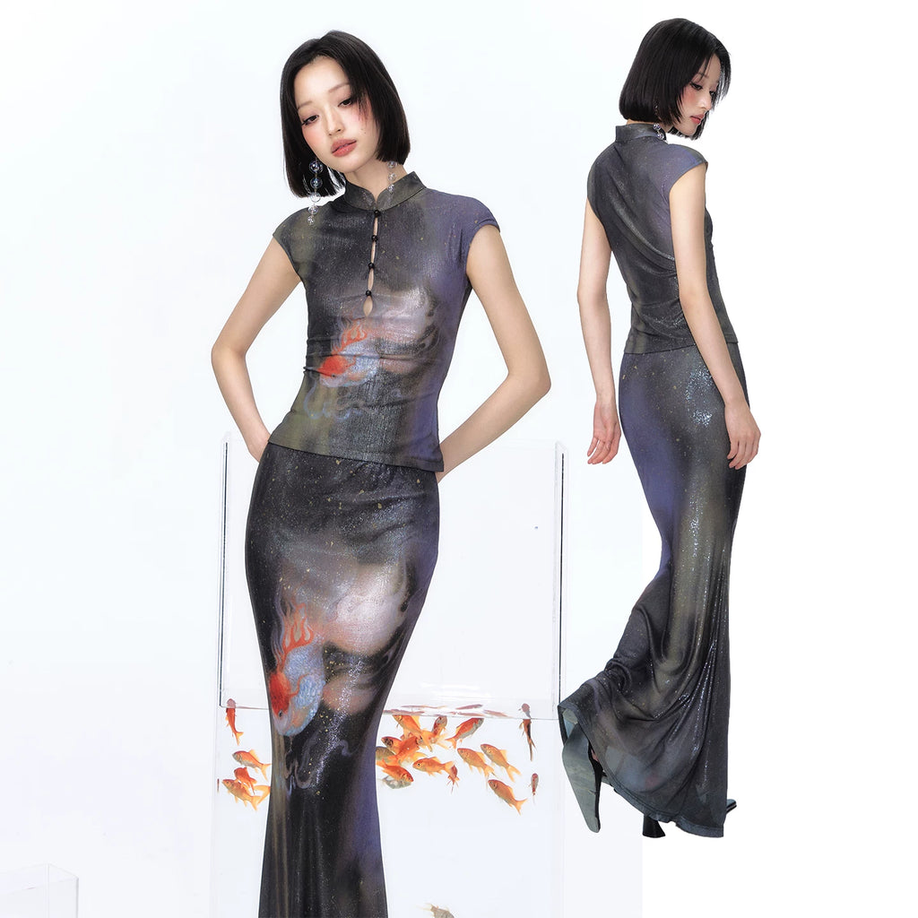 YEDM Golden Fish Night Swim Cheongsam Top & Skirt Set