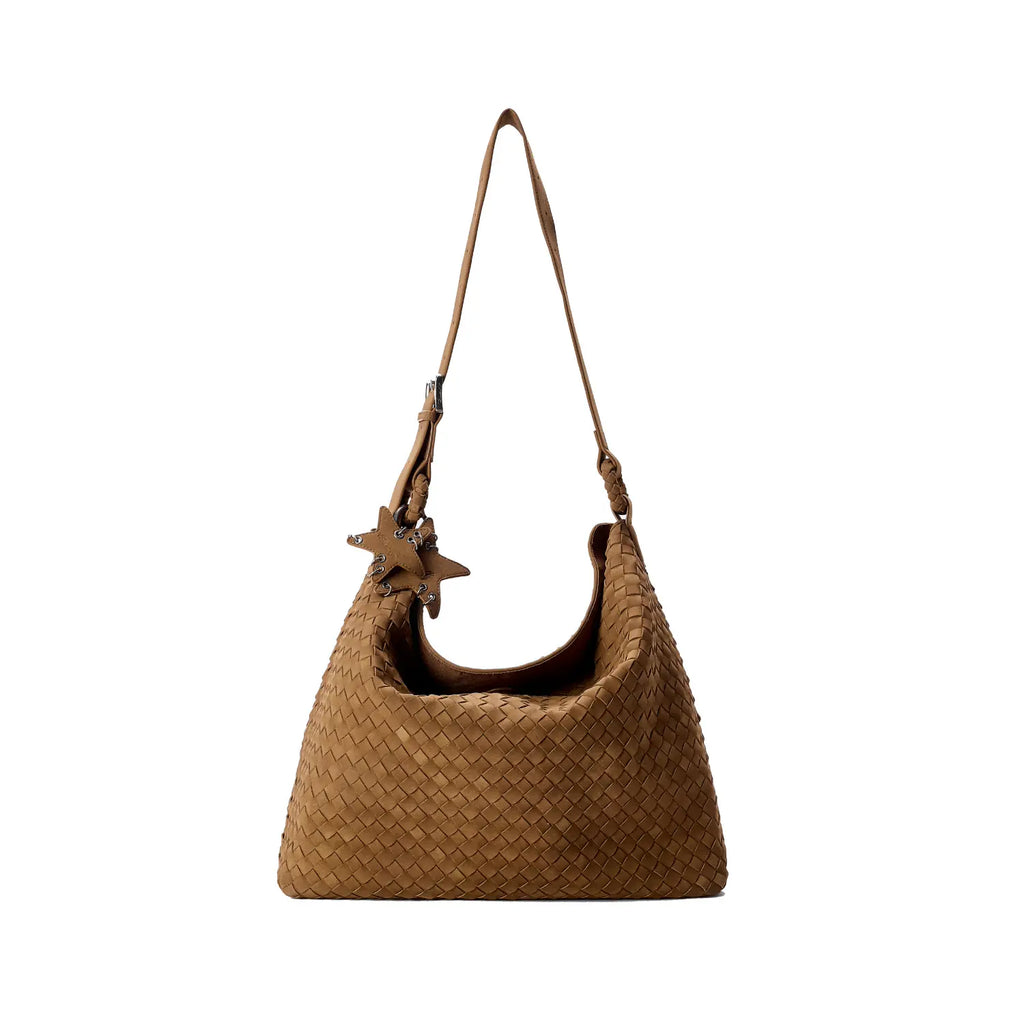 ECODAY Caramel Suede Woven Magnetic Snap Shoulder Bag