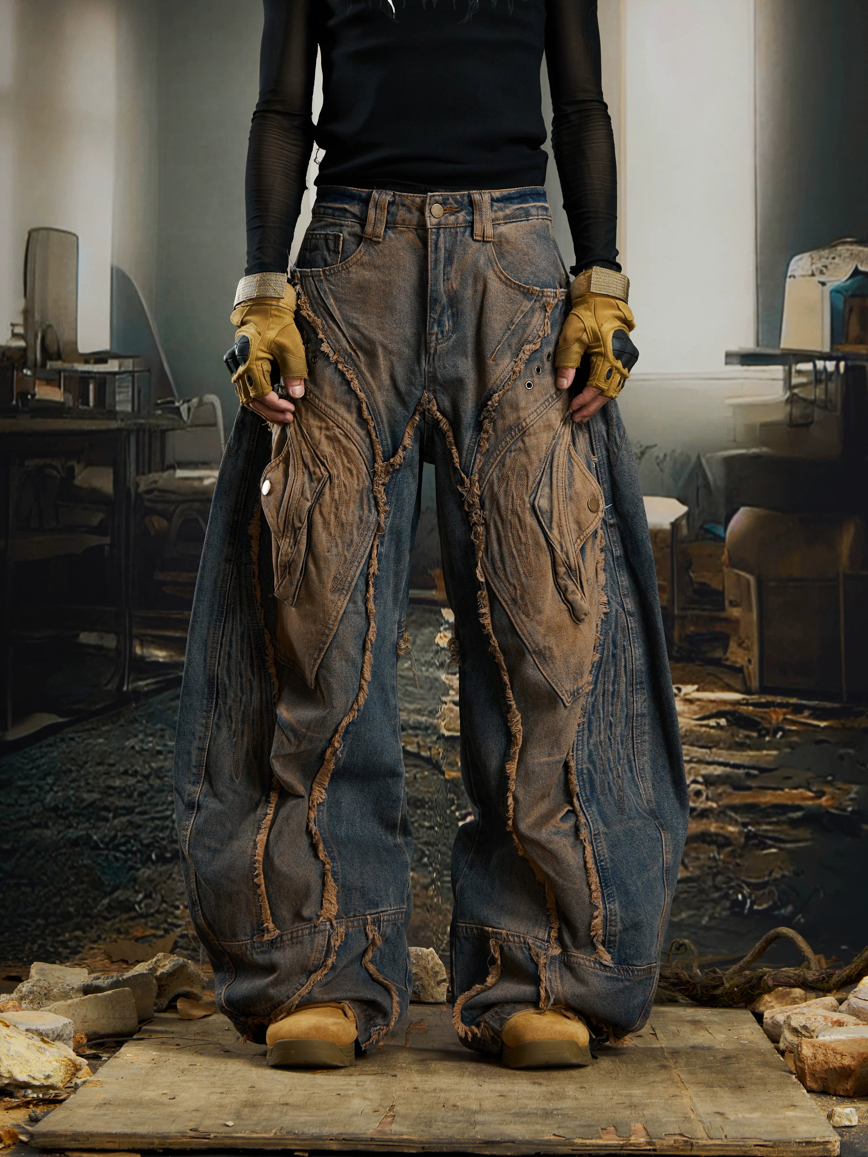 NOMANIAI Overweight Deconstruction Rough Edge Old Structure Scimitar Jeans