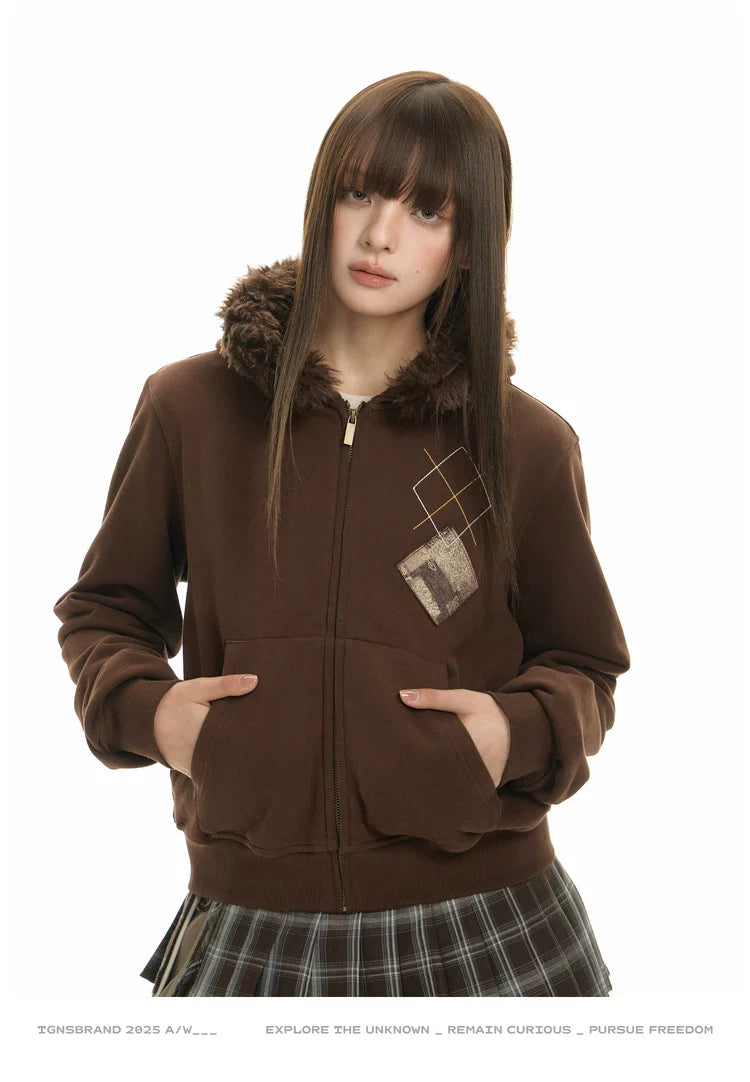 TGNS Hooded Removable Fur Collar Patch Embroidered Jacket
