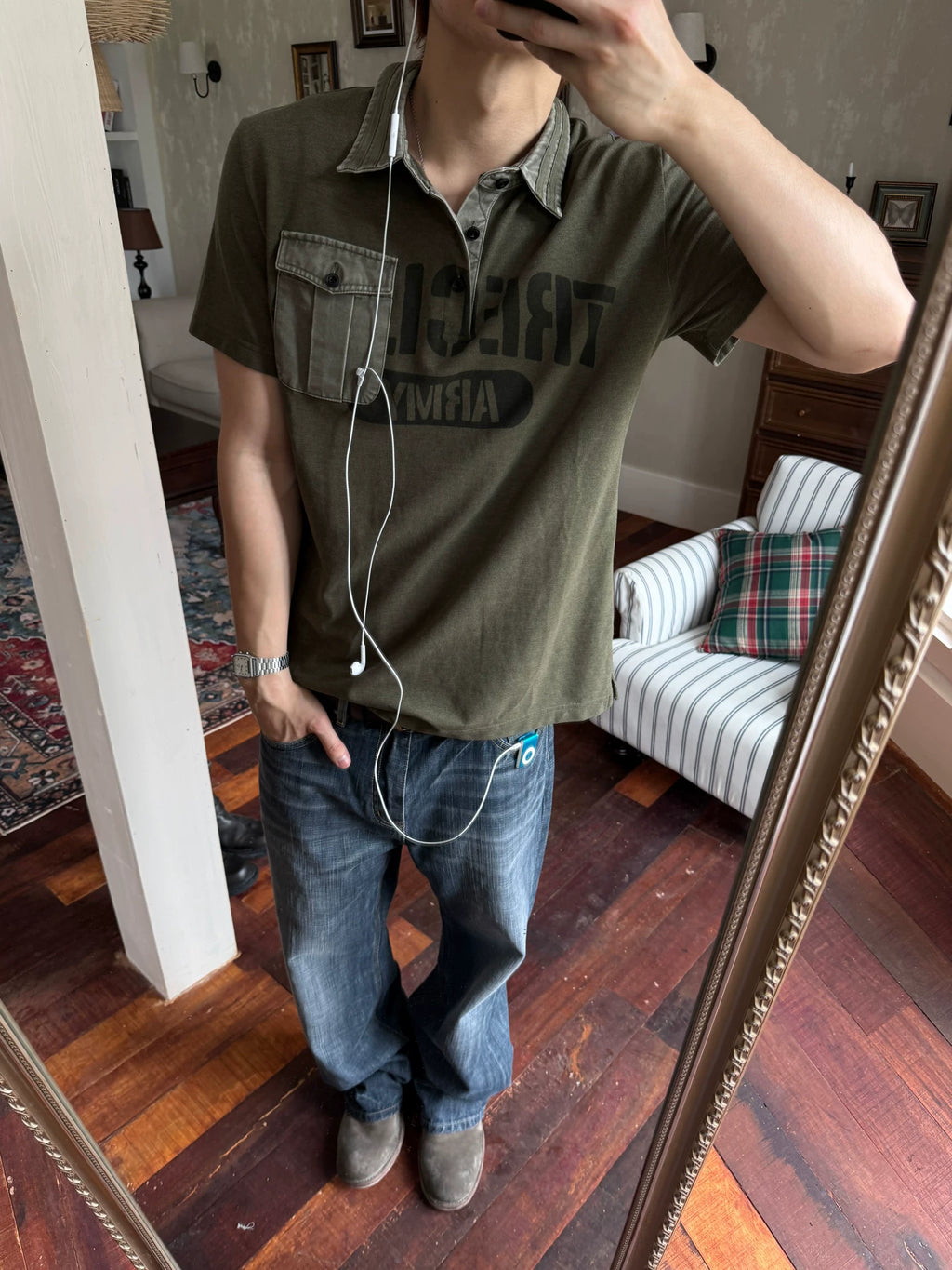 TREclub Eco-Cotton Vintage Green Polo Printed Washed Distressed T-Shirt