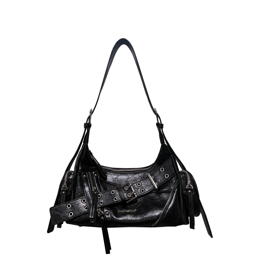 CULTIVATOR Black Waxed Faux Leather Croc-Embossed Zip-Top Shoulder Bag