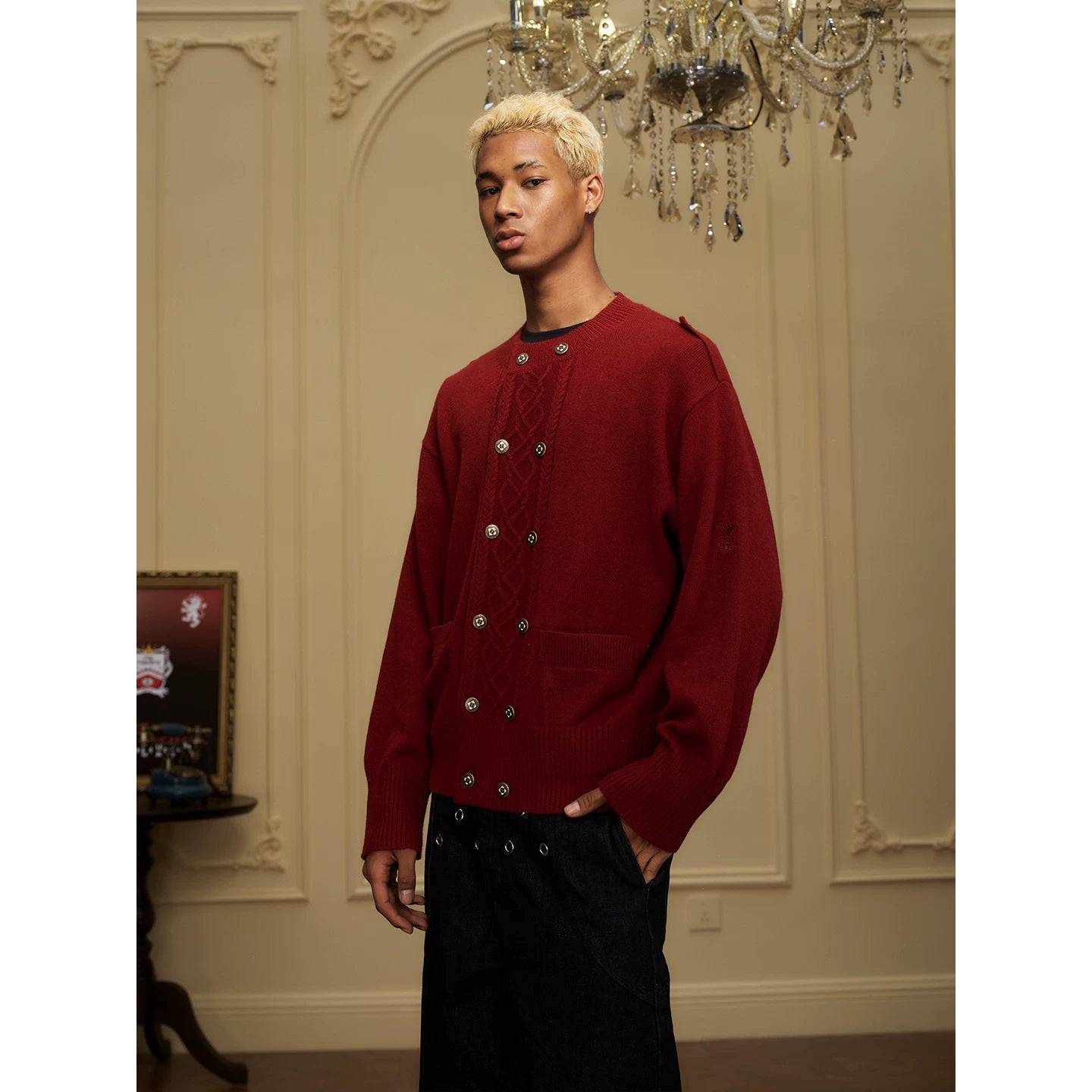 YADcrew Double-breasted Metal-buckle Crew-neck Knitted Cardigan