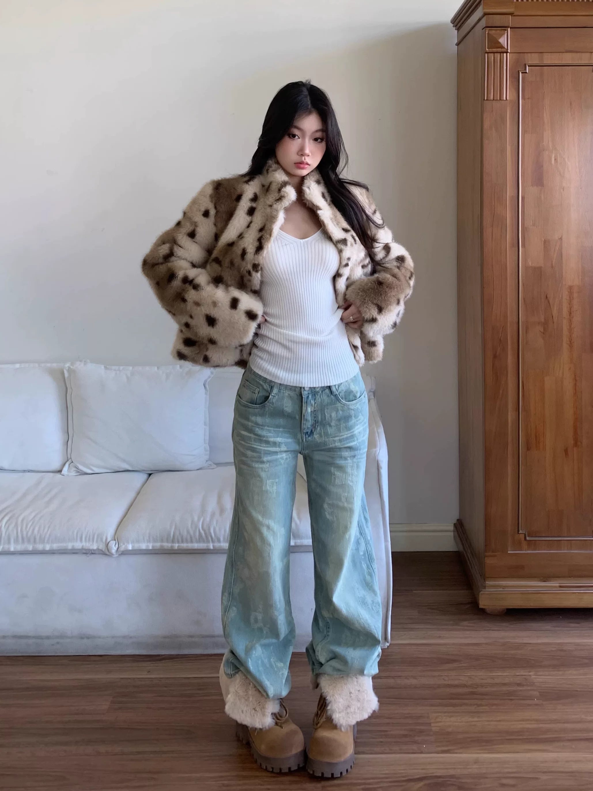 WITHMIN Leopard Print Casual Soft Waxy Lazy Coat