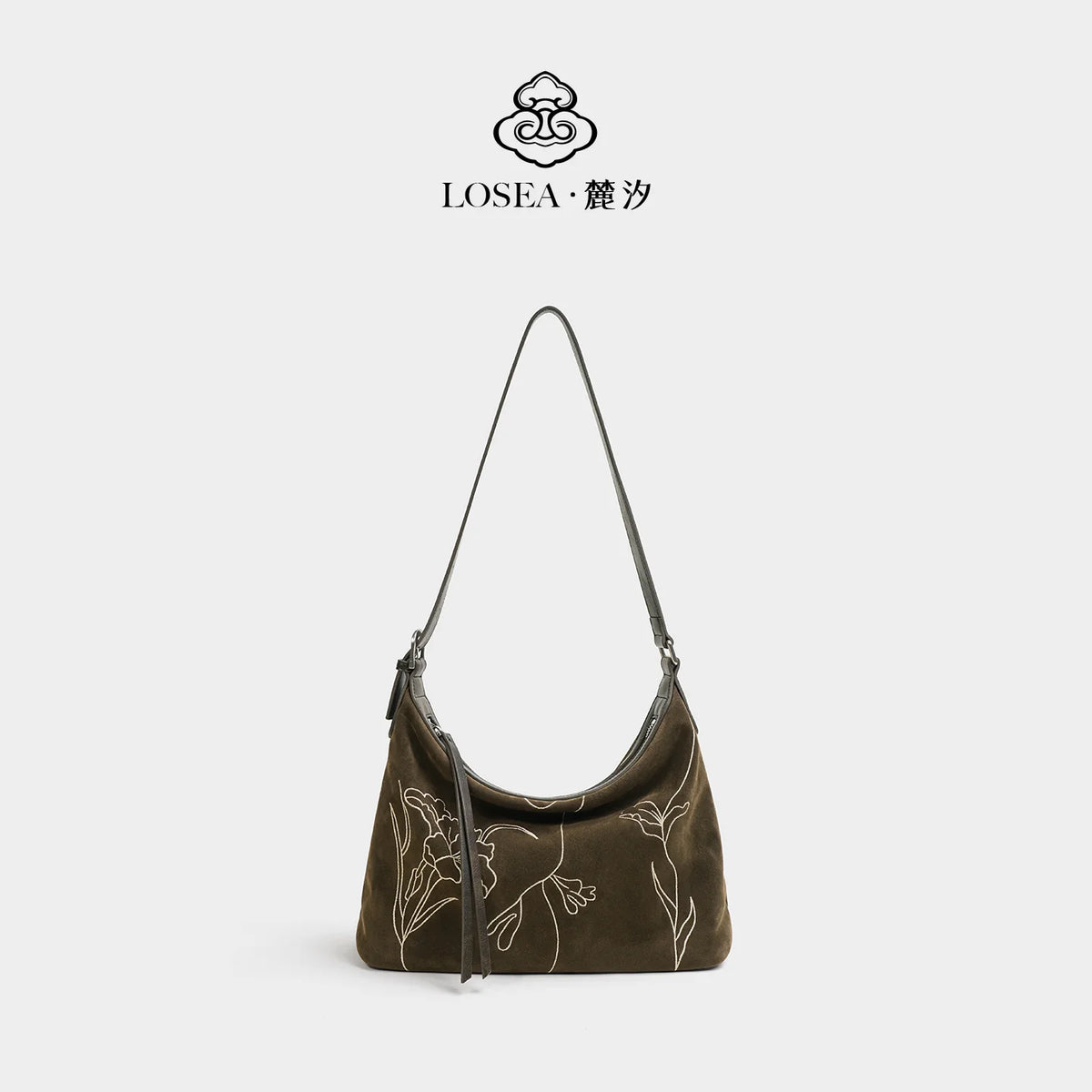 LOSEA Purple Suede Embroidered Hobo Shoulder Bag - Zip-Top