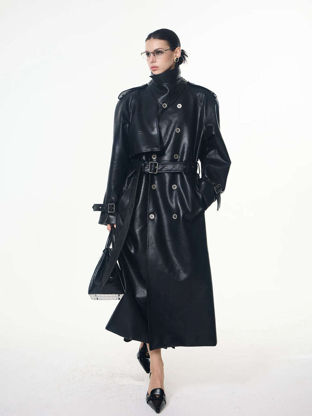 INTERLINKED Deconstructed PU Leather Double-Breasted Trench Coat