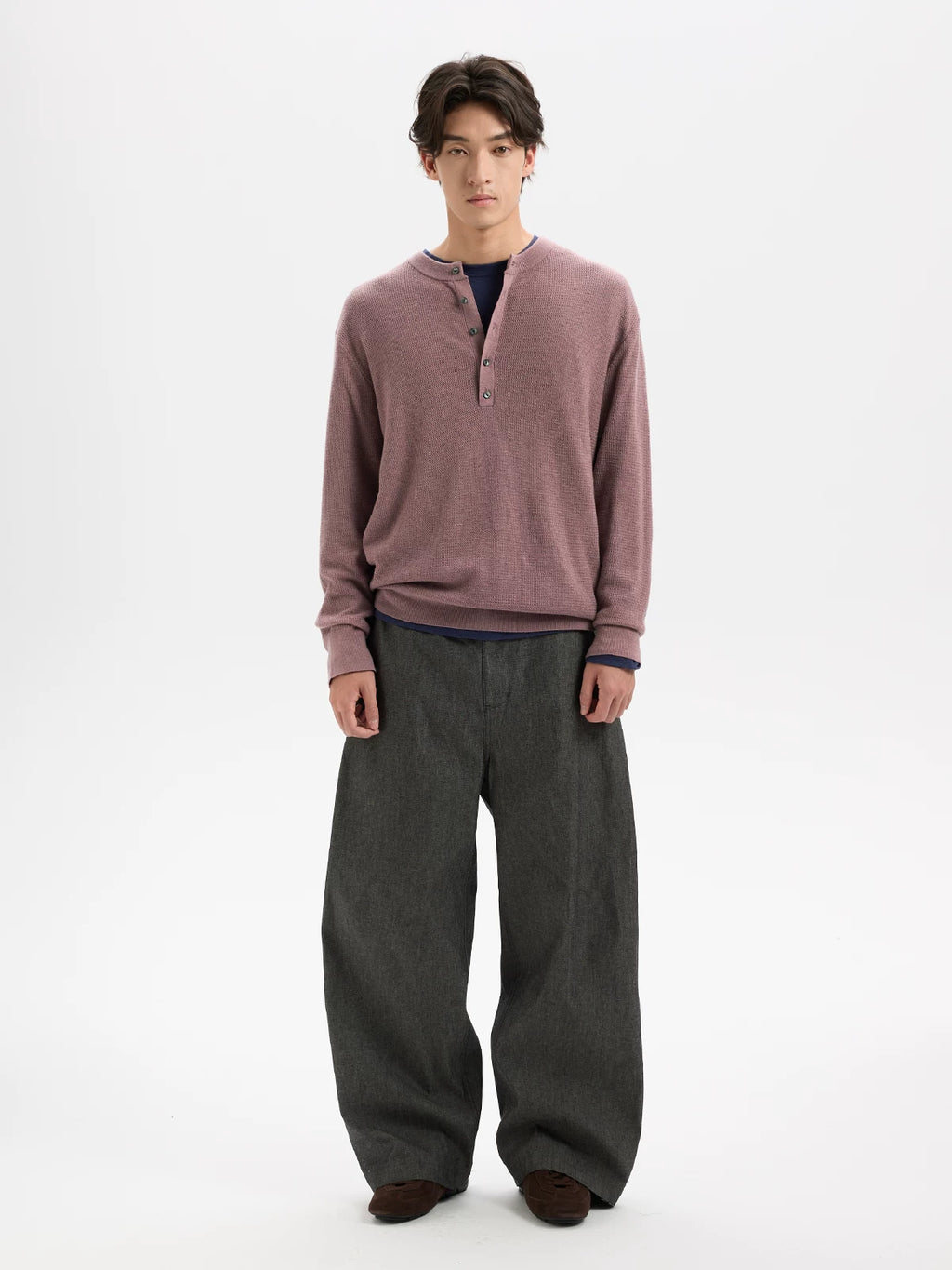 BUTTBILL Henley Shell-Button Loose Knit Sweater