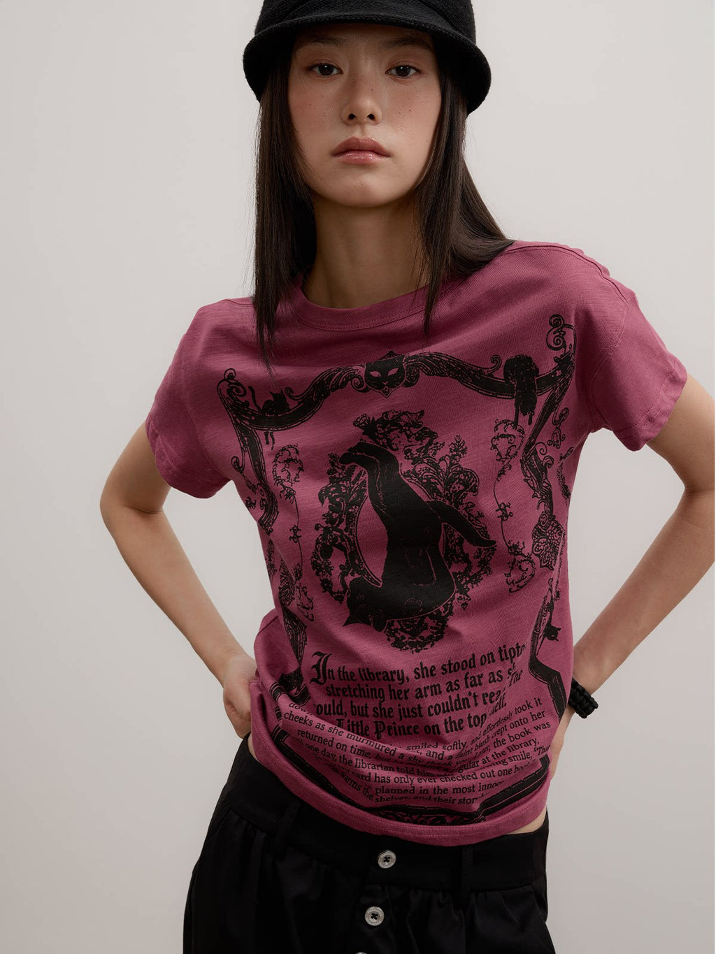 FUNKYFUN Gothic Cat Totem Print Drop-Shoulder Tee