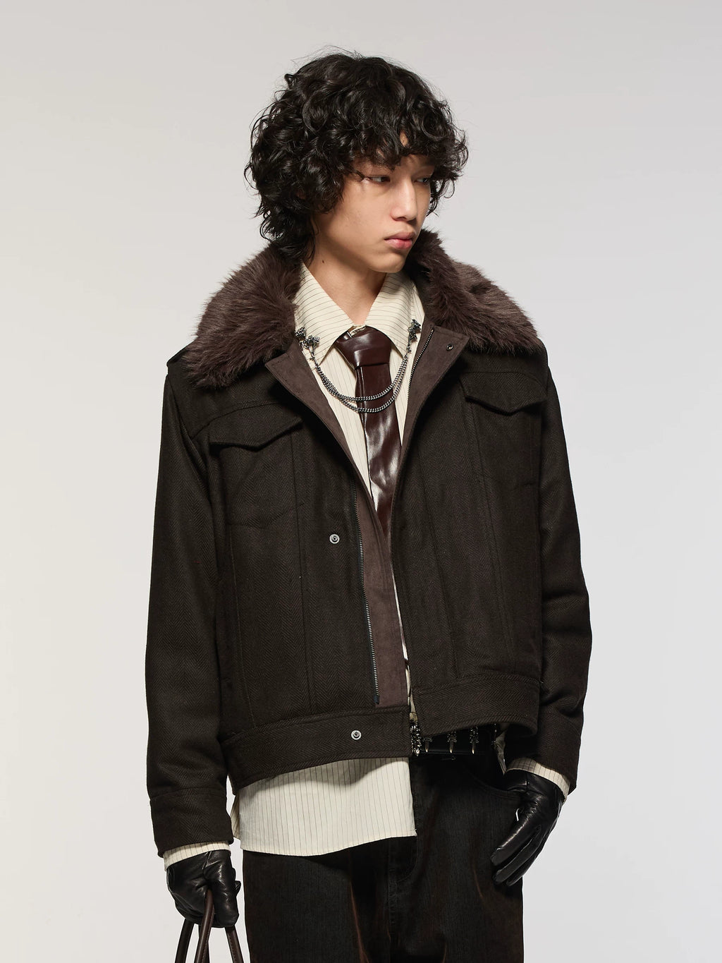 Azure Lisseur Vintage Fur Collar Fishbone Jacket