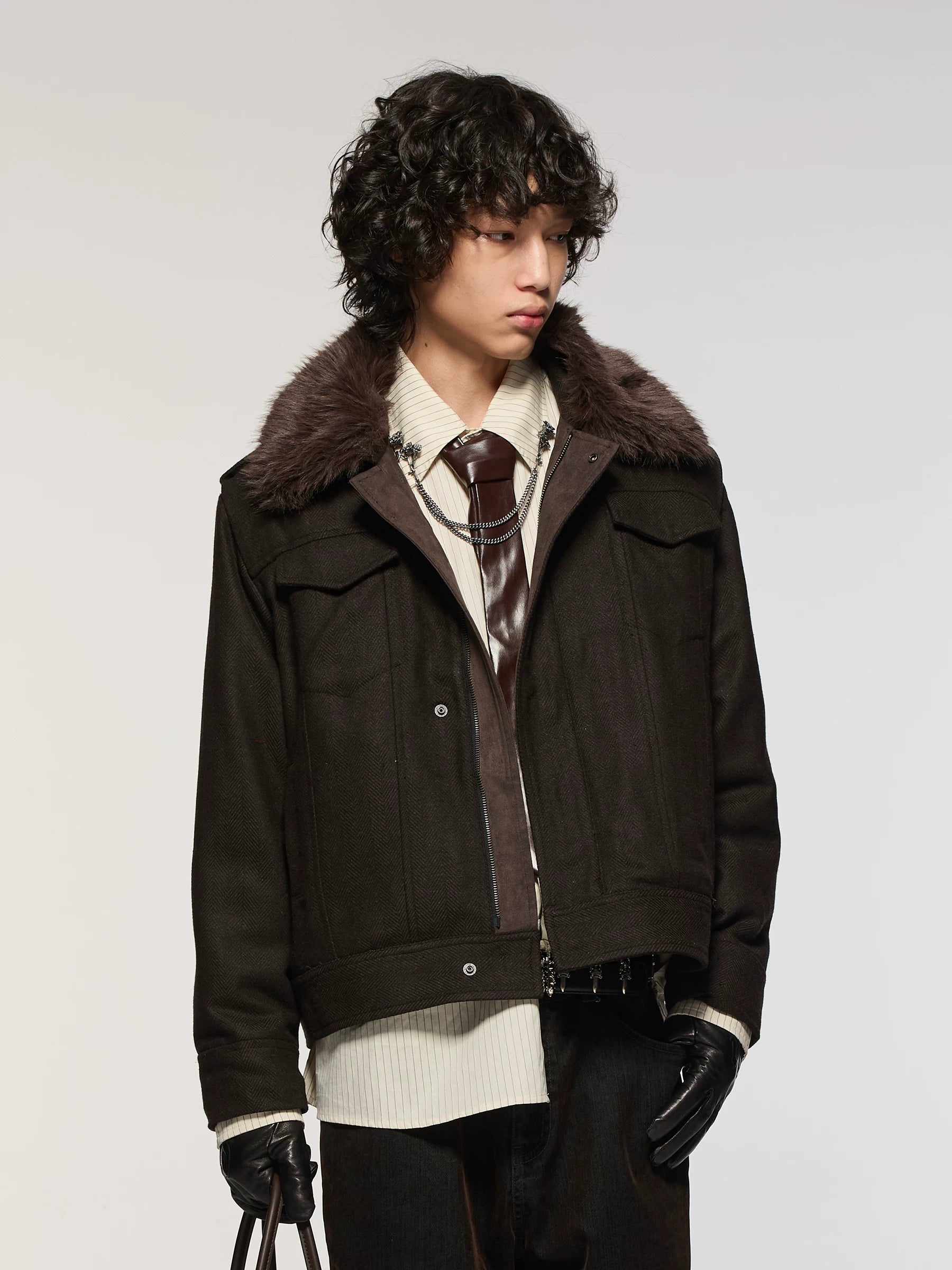 Azure Lisseur Vintage Fur Collar Fishbone Jacket
