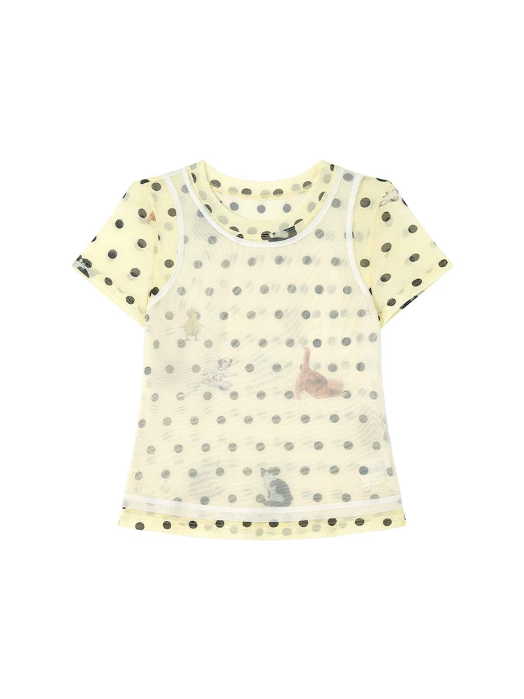 KANO Faux Two-Layer Polka Dot Cropped Slim-Fit Tee