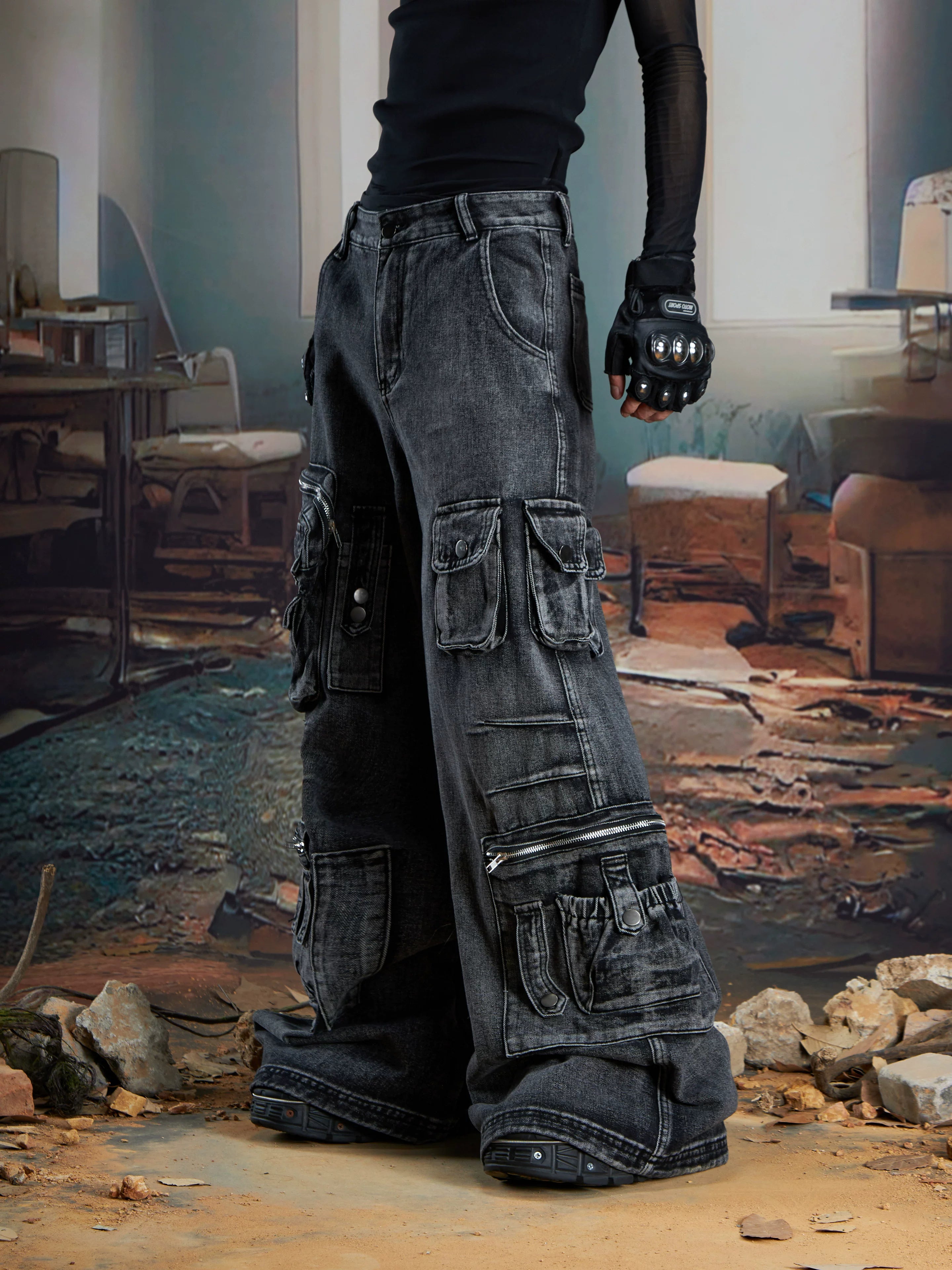 NOMANIAI Multi-pocket Washing Water To Make Old Straight Jeans