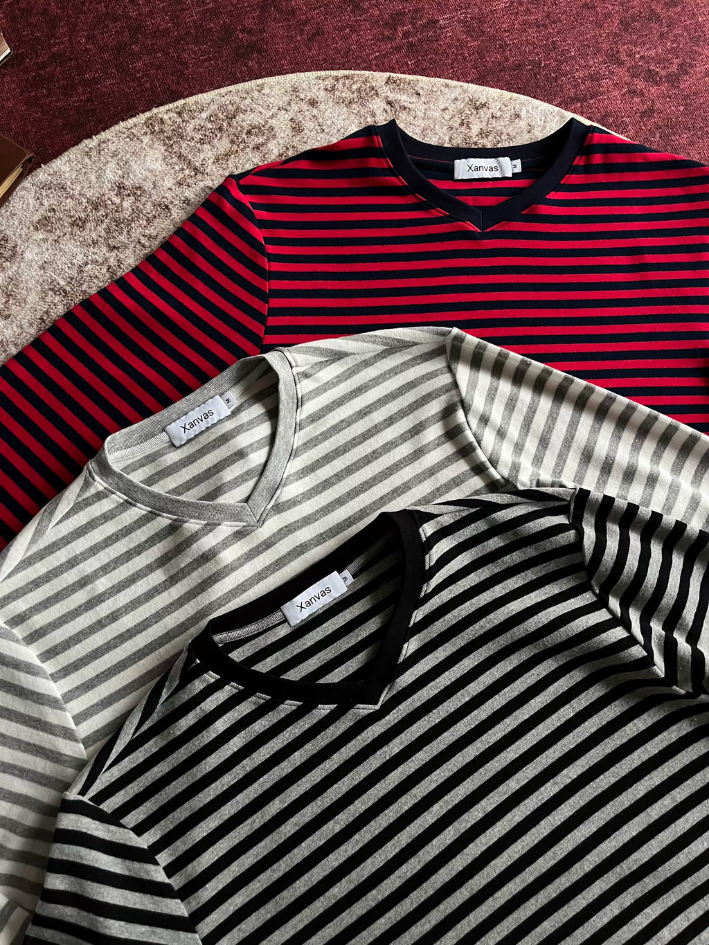 Xanvas Striped V-Neck Relaxed Long-Sleeve Tee