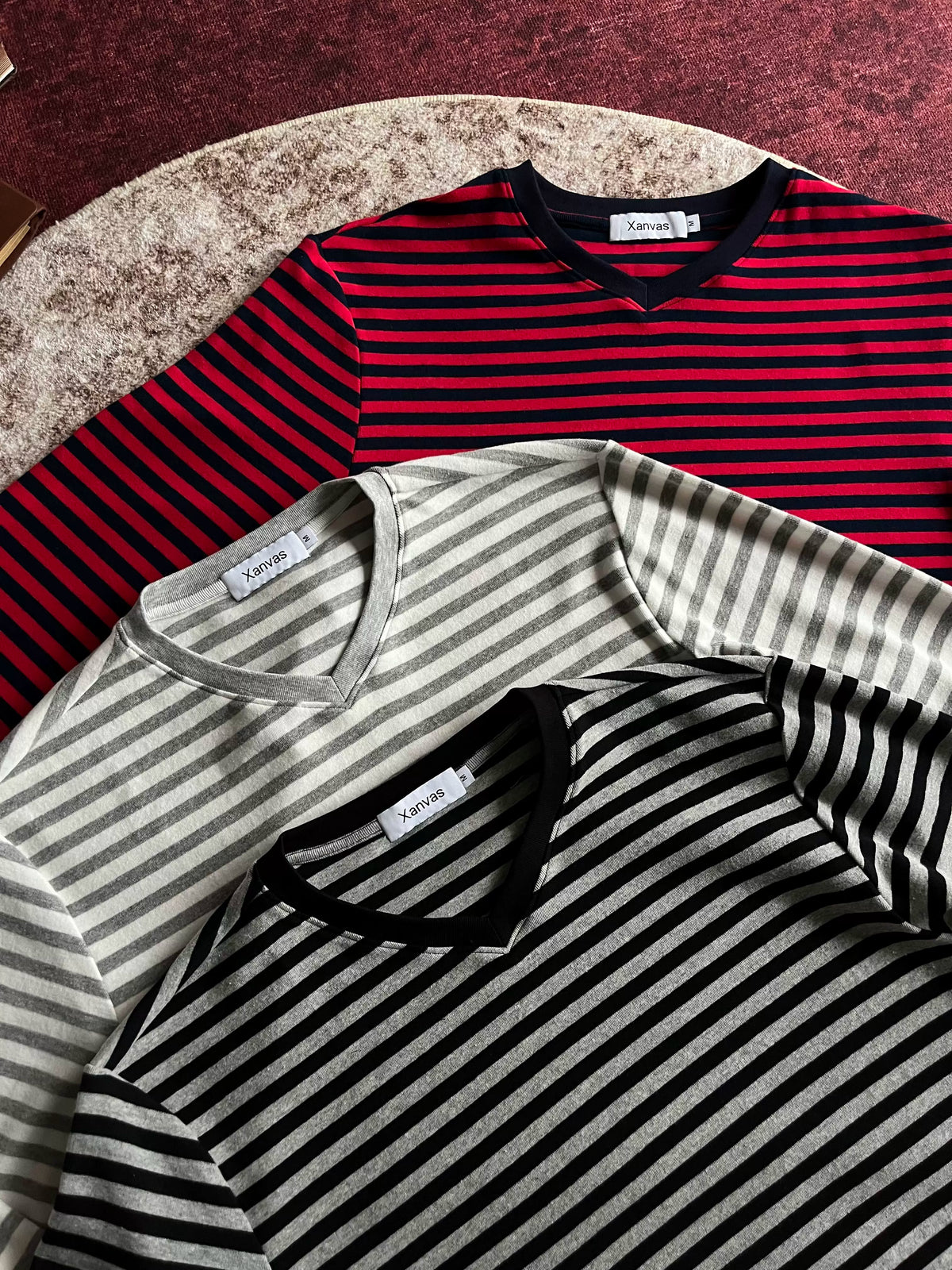 Xanvas Striped V-Neck Relaxed Long-Sleeve Tee