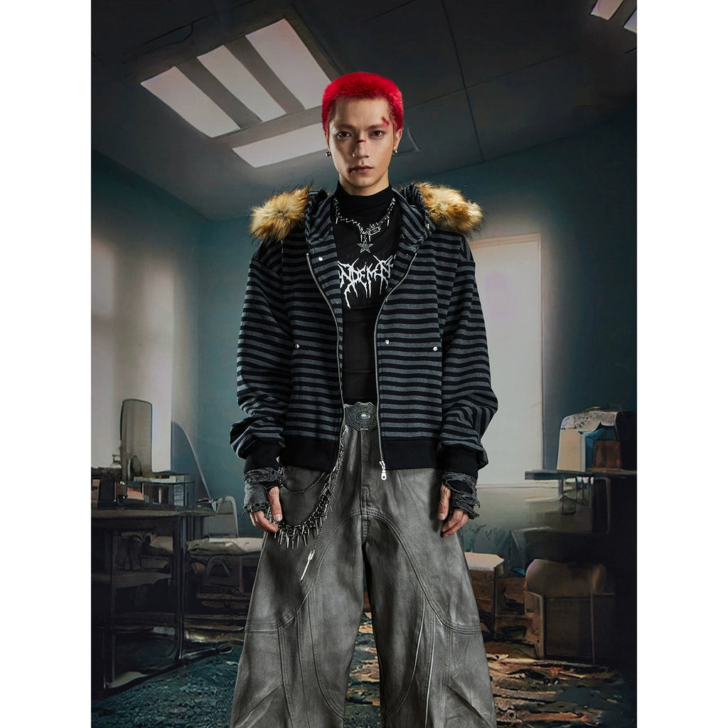 NOMANIAI Hairy Stitching Striped Zipper Hooded Sweater Jacket