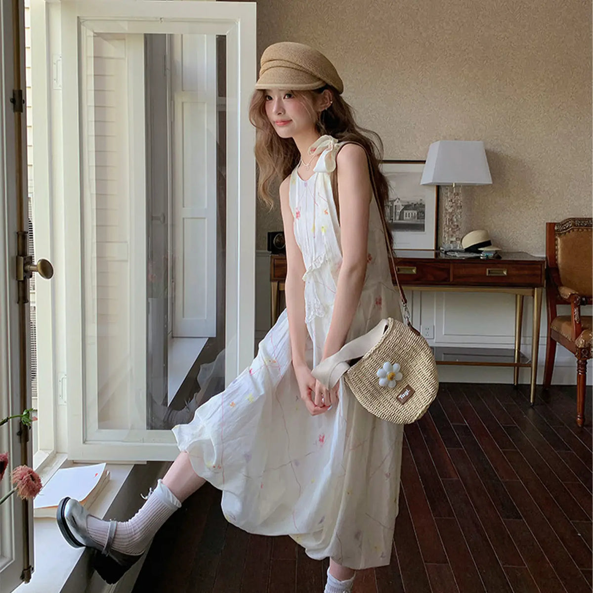 RRFIGHT Orchid Bow Embroidered A-Line Dress