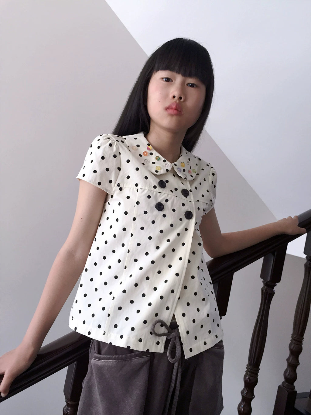 3months Polka Dot Button Bubble Sleeve Blouse