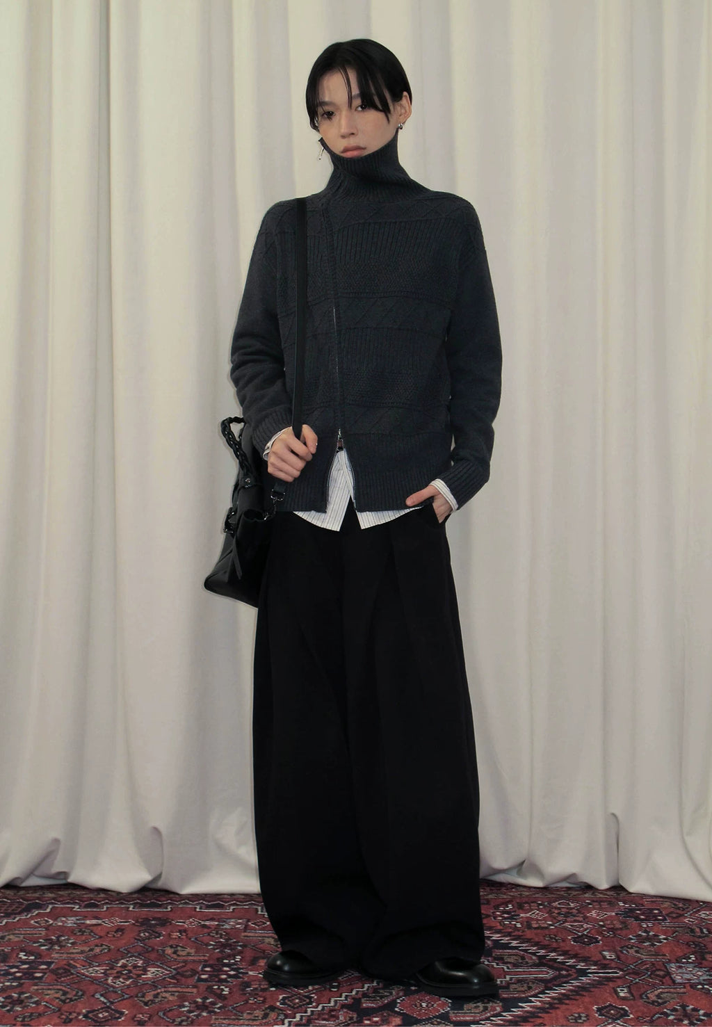 Sameuoo Slanted Placket Turtleneck Knitted Cardigan