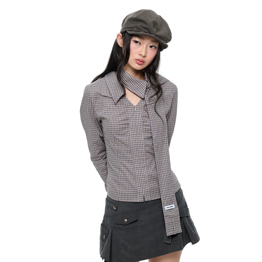 JIKOO Leaf Dusk Plaid Zip Long-Sleeve Top