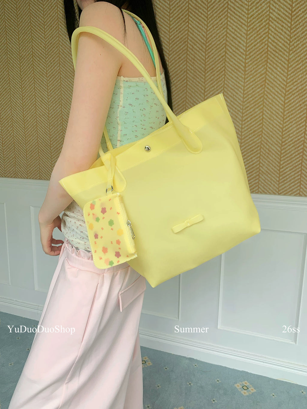 YuDuoDuo Yellow PVC Faux Leather Underarm Bag - Snap Closure