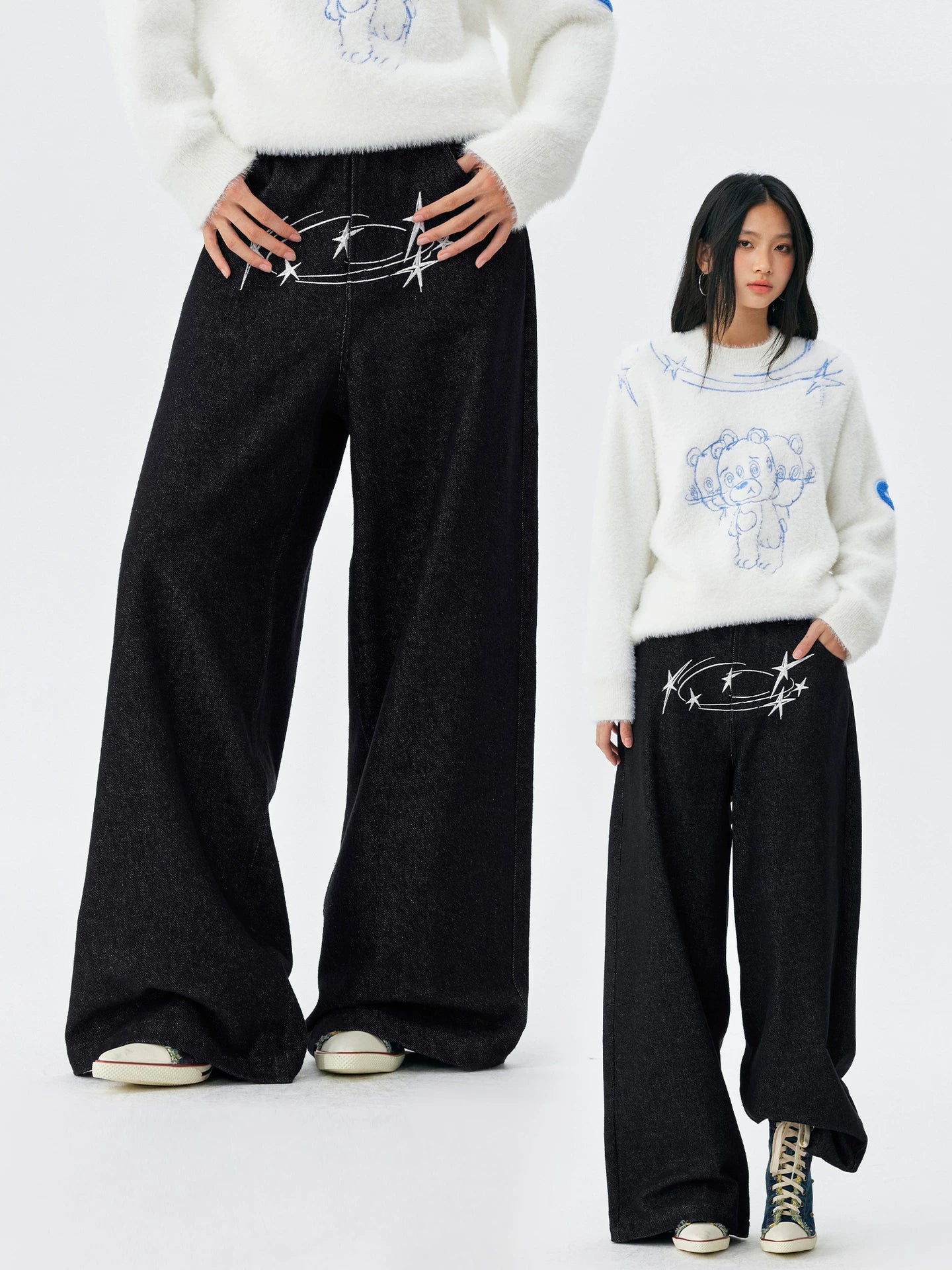 MEDM Vertigo Bear Embroidered Loose Jeans