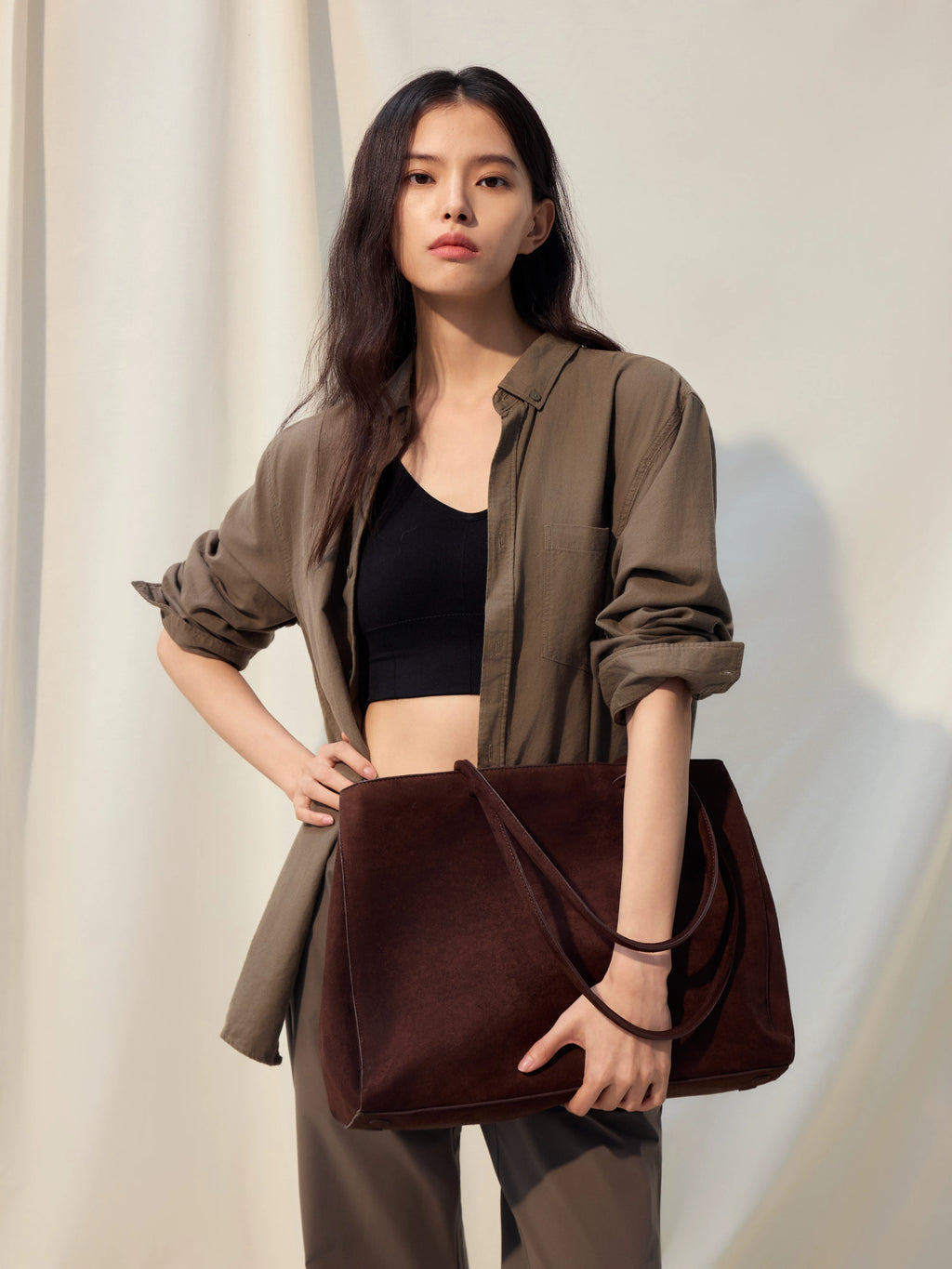 NO LOGO Suede Large-Capacity Shoulder Bag - Zip Top