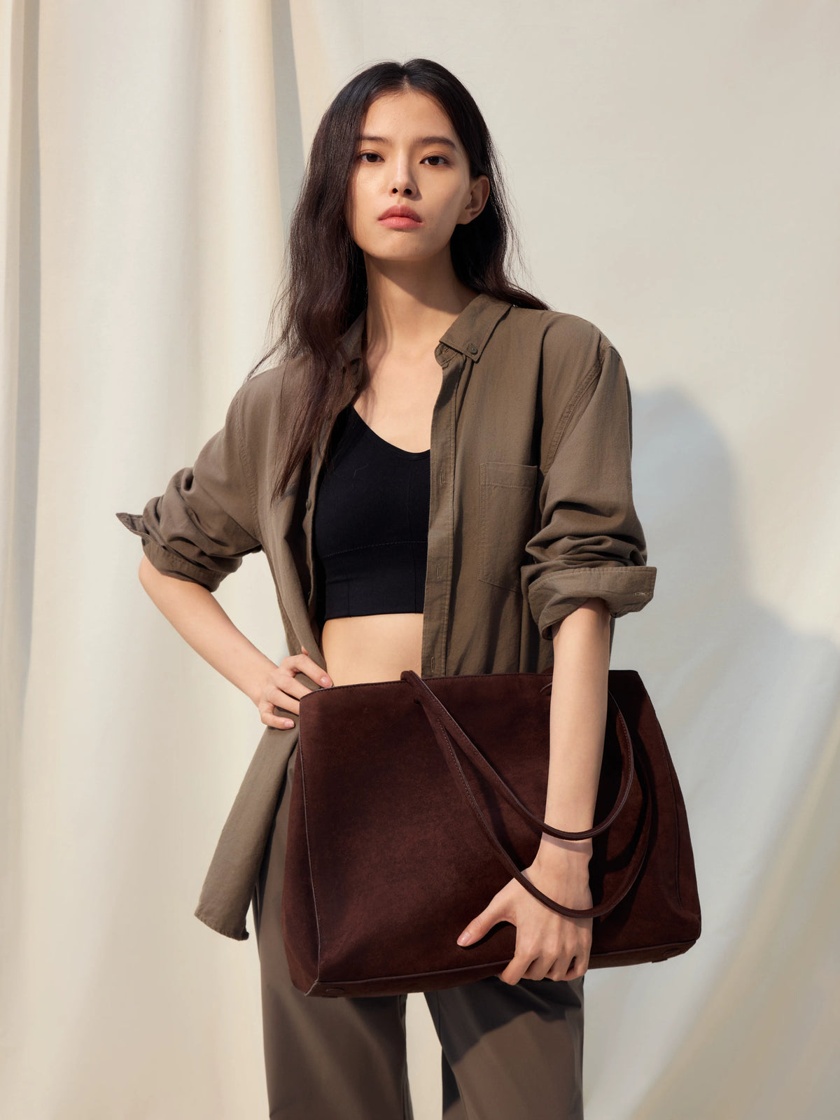 NO LOGO Suede Large-Capacity Shoulder Bag - Zip Top