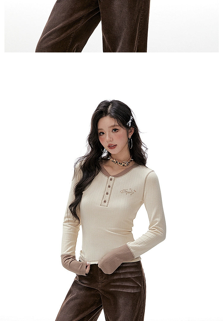 Imone Retro Letter Hot Diamond Contrasting Fake Two Long Sleeves