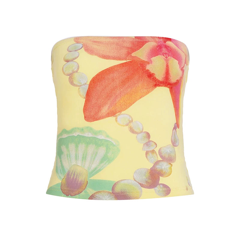 FUNOFF Vintage Floral Print Dew Collarbone Waist Tube Top