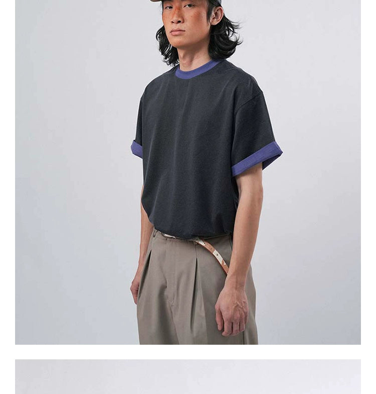 O3PARK Vintage Loose Versatile Contrast Colour Collar Roll Sleeve Tee