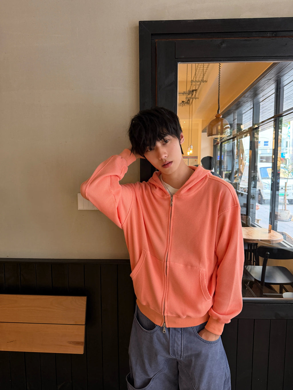 Xanvas Boxy Waffle Zip-Up Hooded Jacket