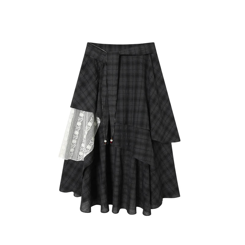 TGNS Berkeley Lace Trim Plaid Mid-Rise Long Skirt