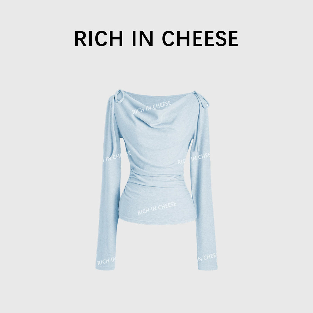 RICH IN CHEESE Pure Desire Swing Neck Knitted Waist Pleated Long Sleeves