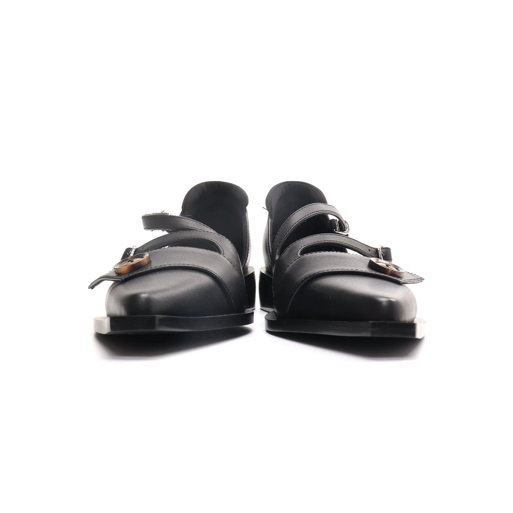 ASTHER Leather Pointed-Toe Button Mary Jane Low-Heel Flat
