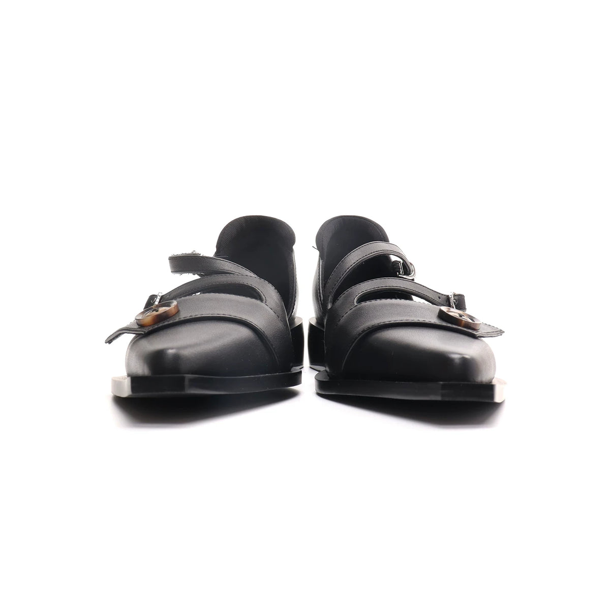 ASTHER Leather Pointed-Toe Button Mary Jane Low-Heel Flat