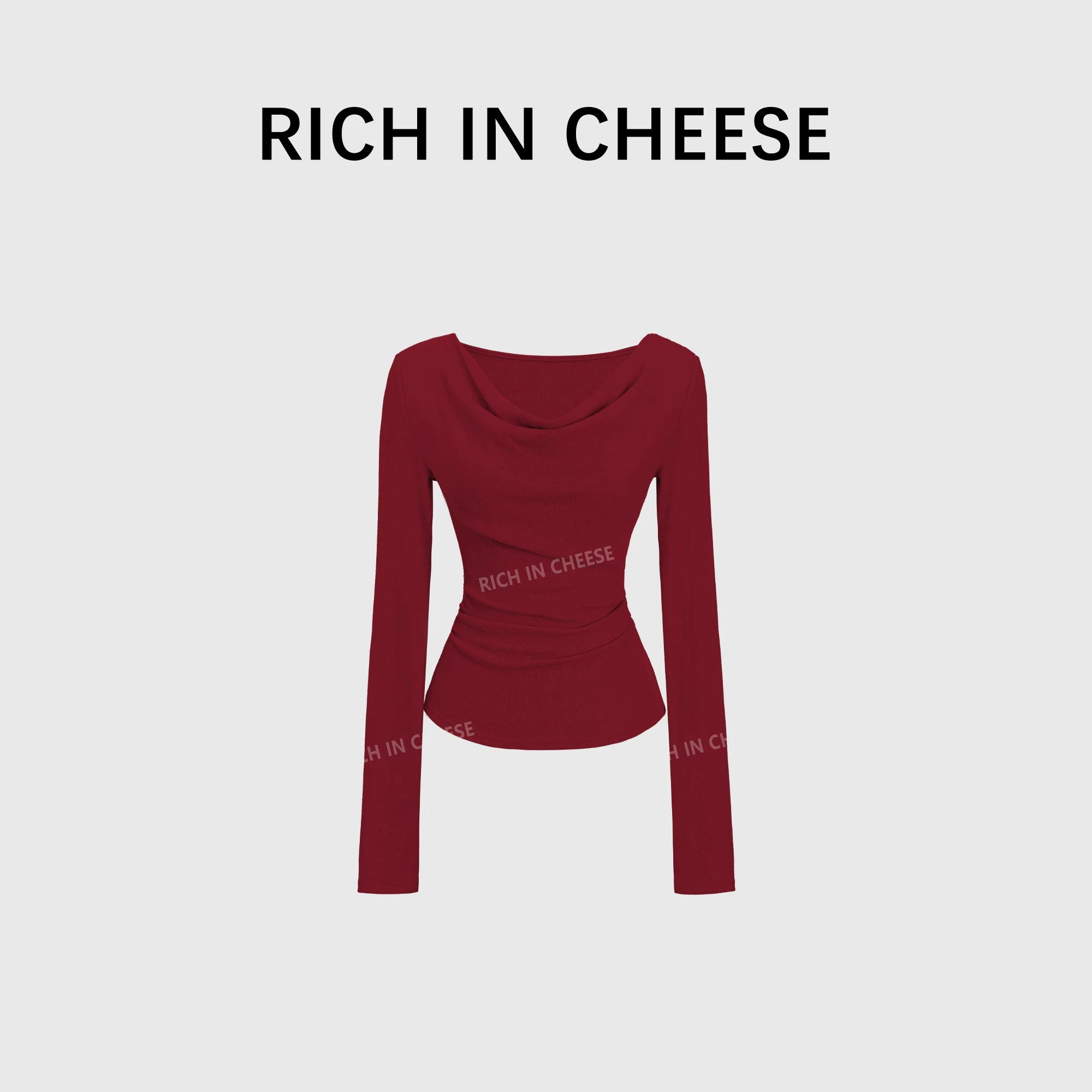 RICH IN CHEESE Swing Neck Knitted Waist Pleated Long Sleeves