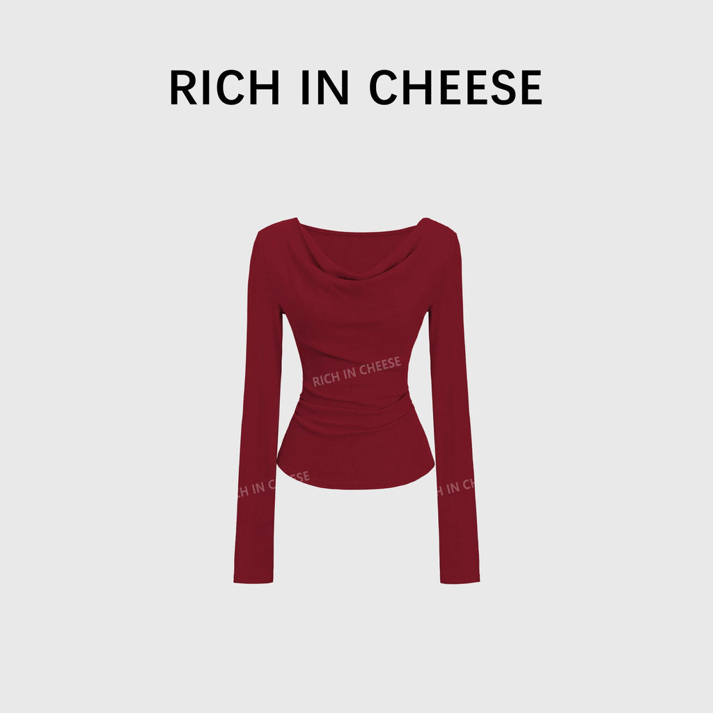 RICH IN CHEESE Pure Desire Swing Neck Knitted Waist Pleated Long Sleeves