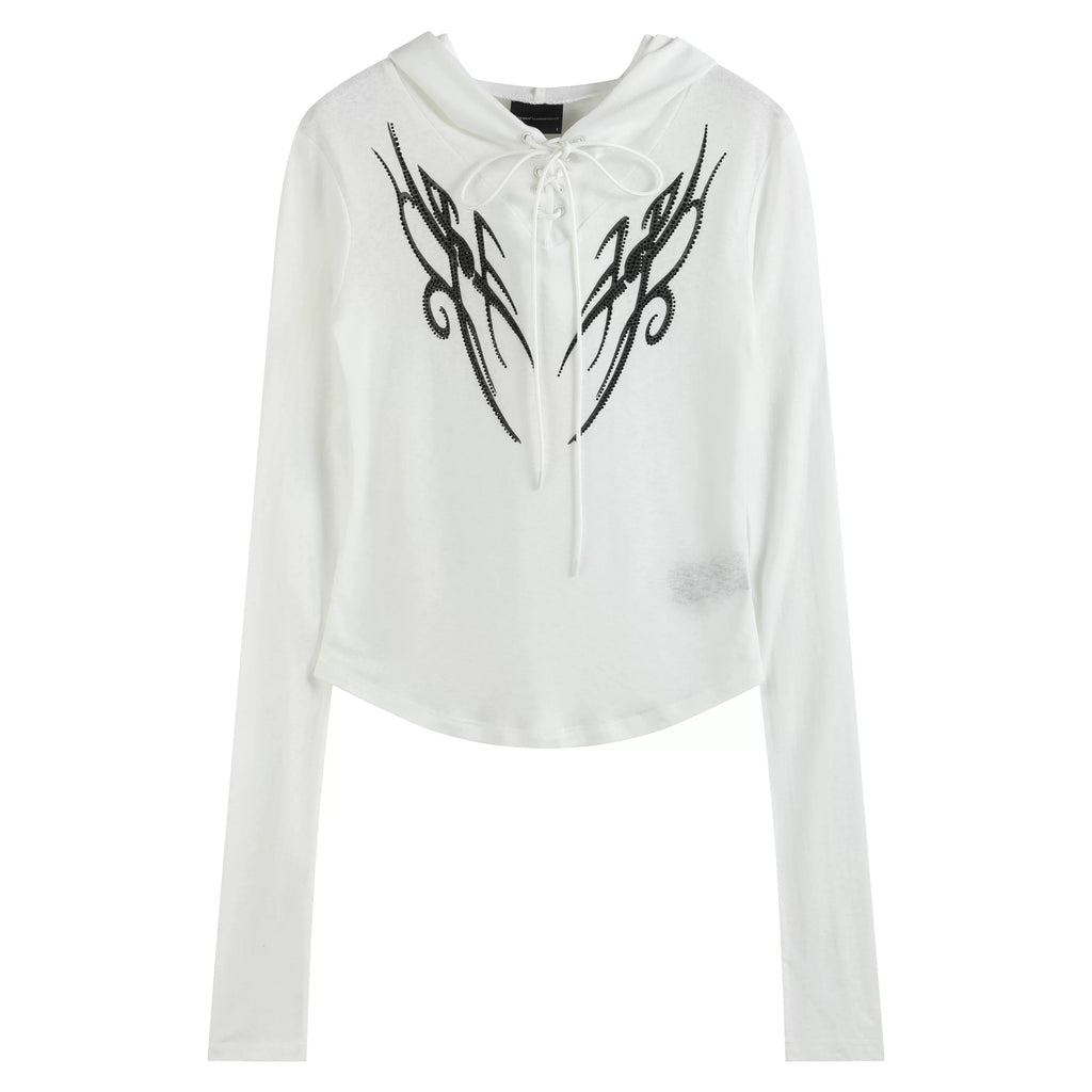 NoEmosen Different World Pattern Totem Print Rhinestone Micro-transparent Slim-fit Hooded Long Sleeve