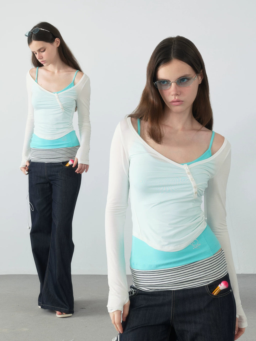 Yawhat White Sheer V-Neck Long-Sleeve Tee
