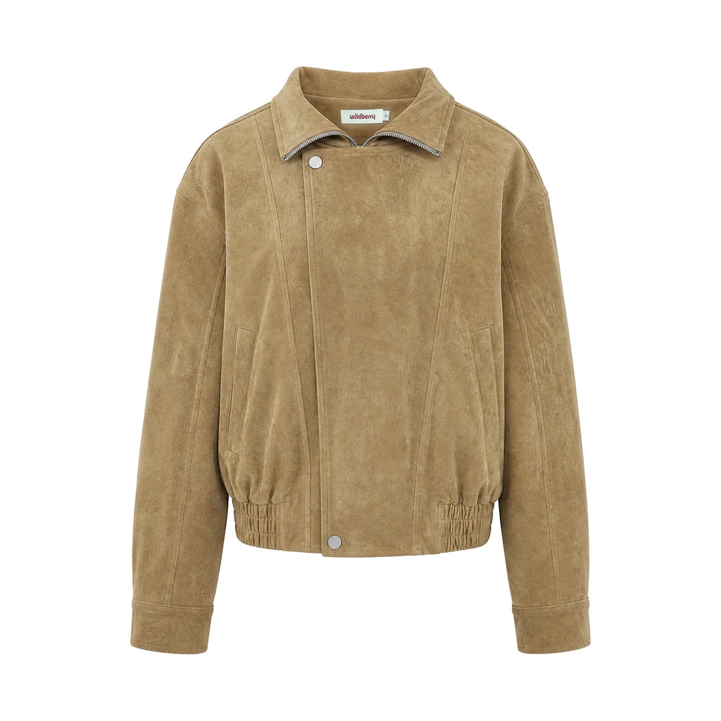 Wildberry Vintage Suede Collar Asymmetric Loose Motorcycle Jacket