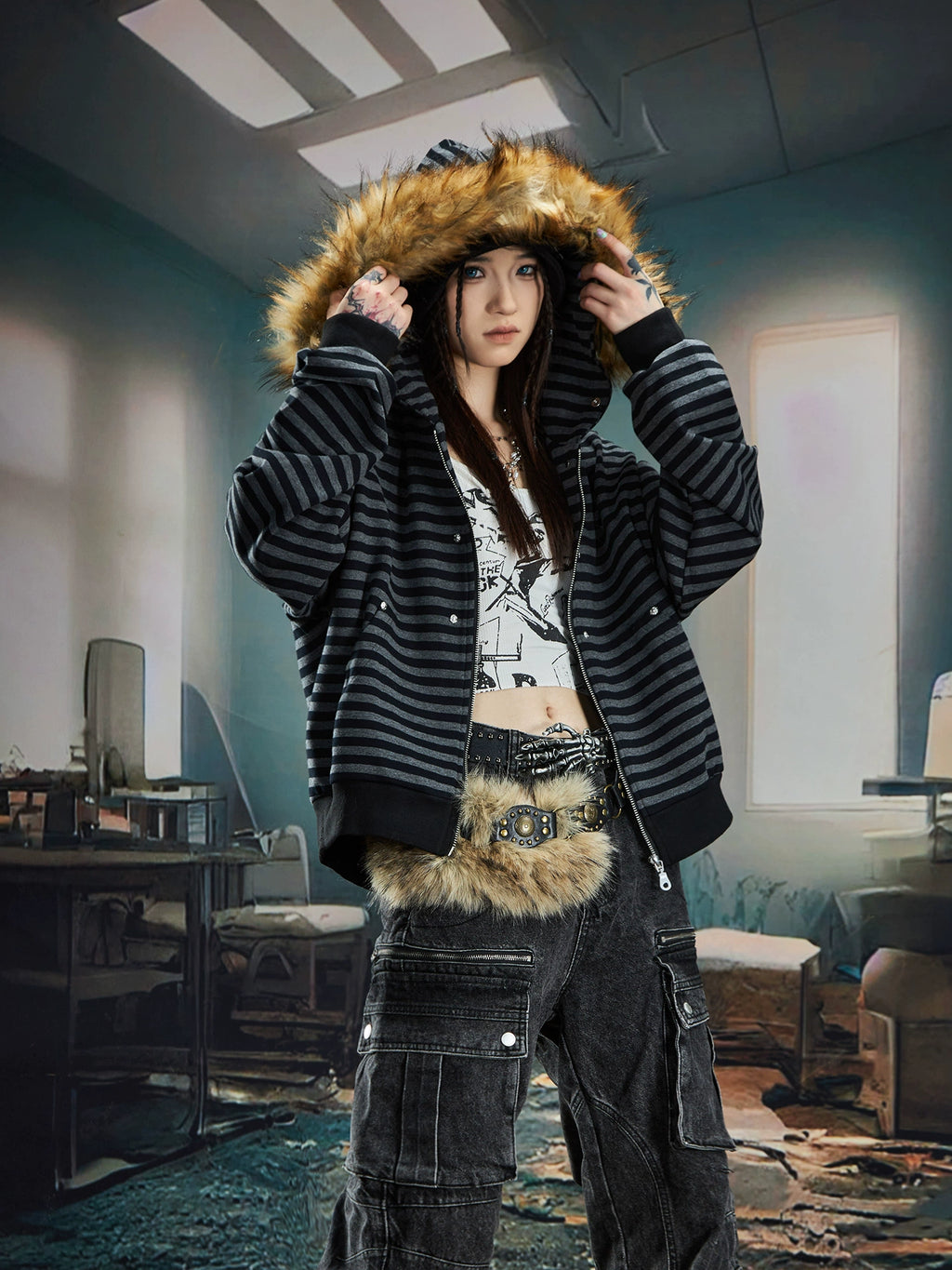 NOMANIAI Hairy Stitching Striped Zipper Hooded Sweater Jacket