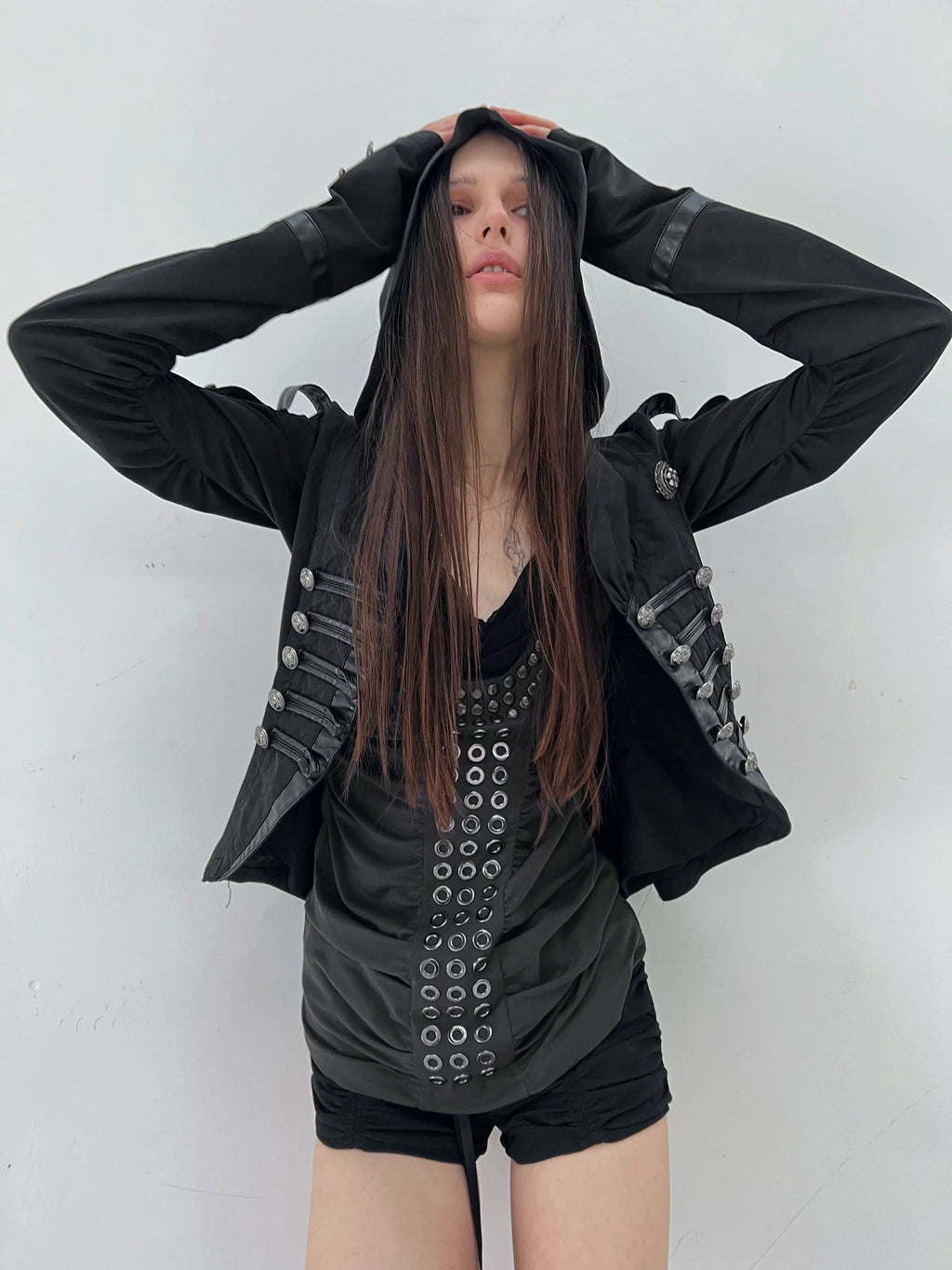 DoublePunch Knight-Style Patchwork Leather Washed Cotton Cropped Jacket