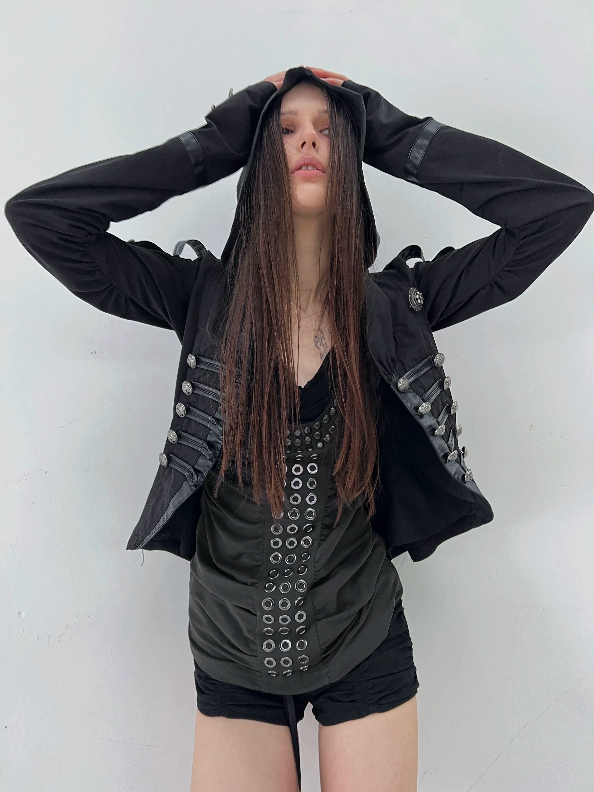 DoublePunch Knight-Style Patchwork Leather Washed Cotton Cropped Jacket