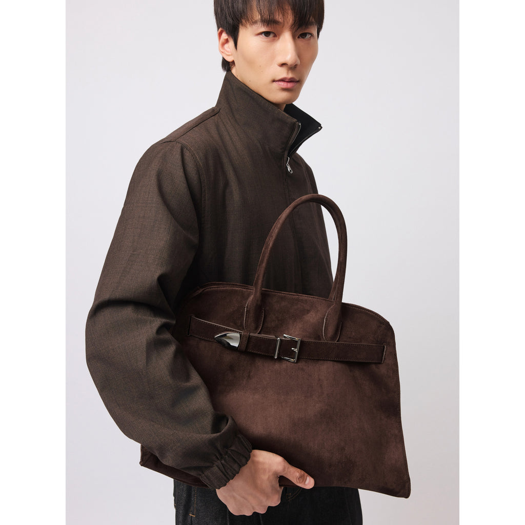 Stay the Night Deep Brown Faux Suede Pebbled Leather Drawstring Crossbody Tote