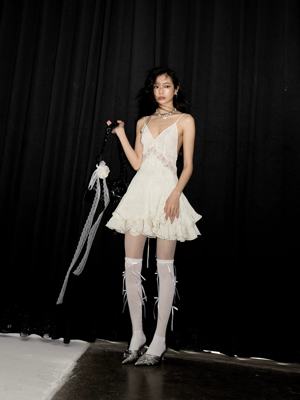 JNYLON Hollow Lace Suspender Dress