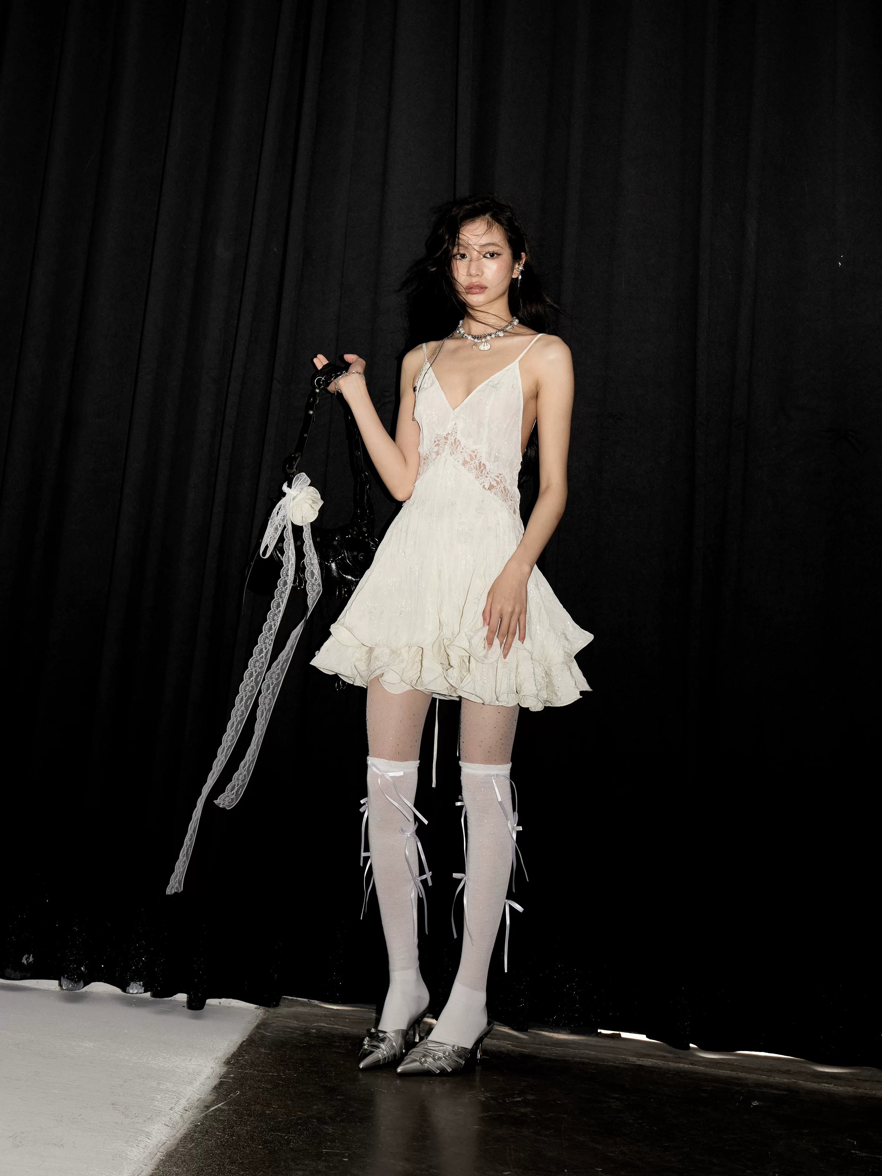 JNYLON Hollow Lace Suspender Dress