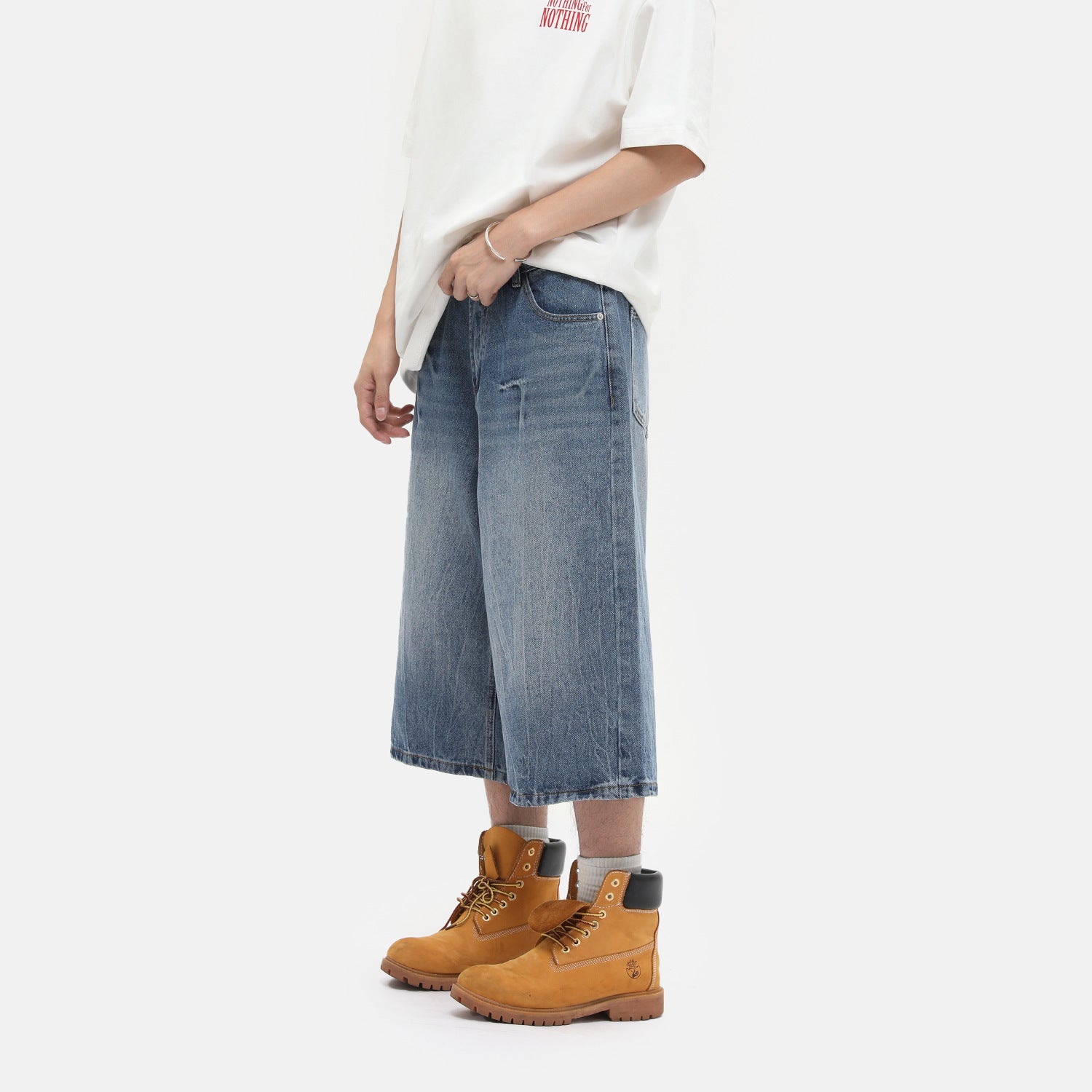 MTLCLOTHES Lightning-pattern Polished White Denim Shorts